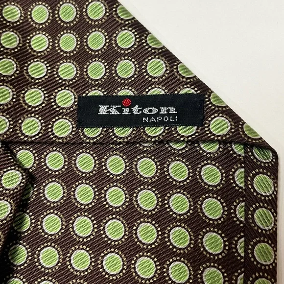 KITON Napoli 100% Silk Brown and Green Polka Dot Tie Made in Italy - Picture 3 of 7